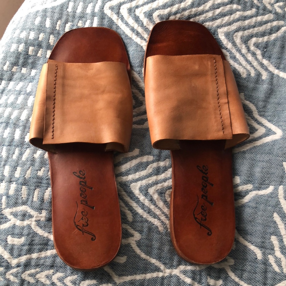 Free People Leather Slide Sandals in “Vintage Tan”